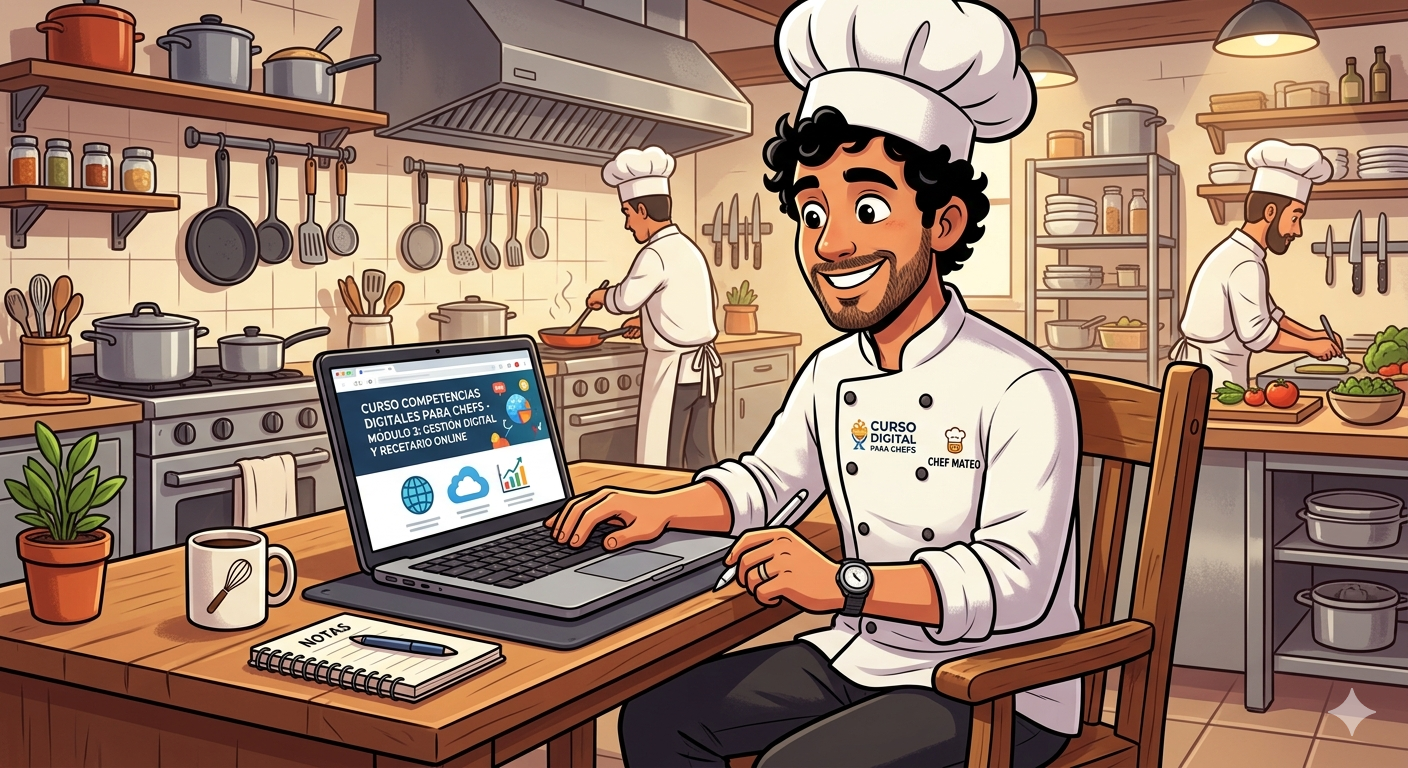 Caricatura de un chef trabajo en su portatil en una cocina